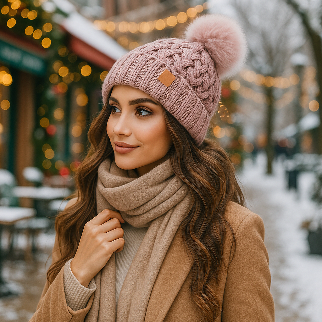 Bonnet d’hiver à pompon tricot torsadé