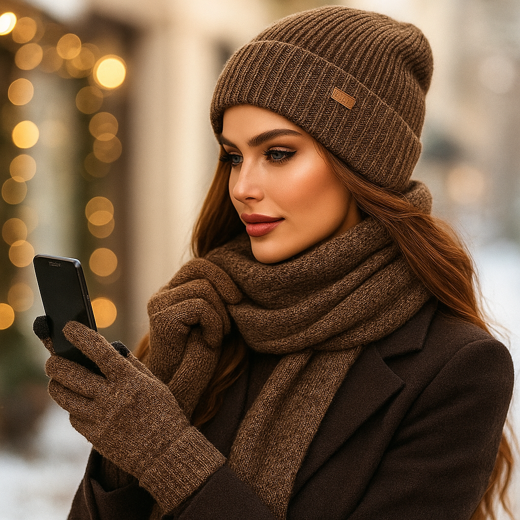 Ensemble bonnet écharpe gants tactile femme hiver