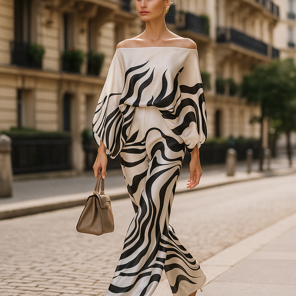 סט סאטן אלגנטי לנשים – טופ אסימטרי ומכנסיים רחבים