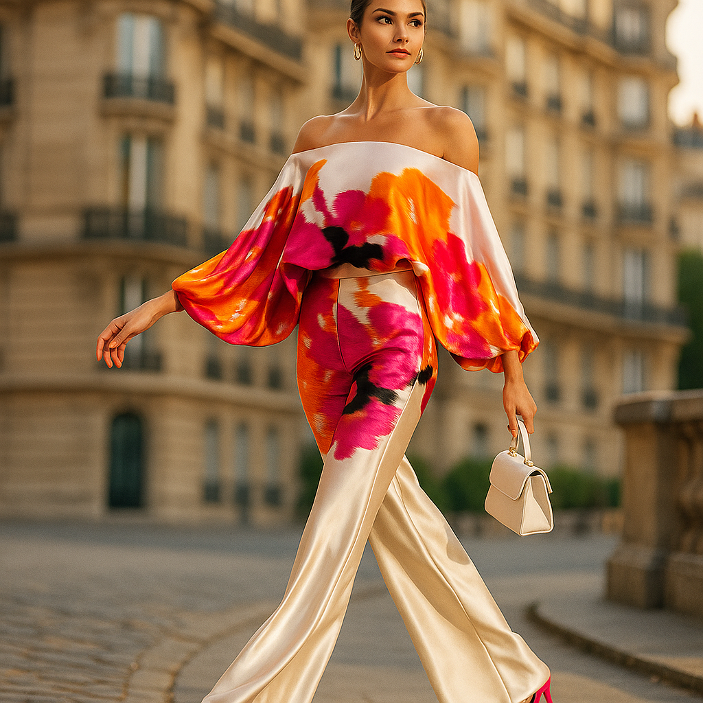 סט סאטן אלגנטי לנשים – טופ אסימטרי ומכנסיים רחבים