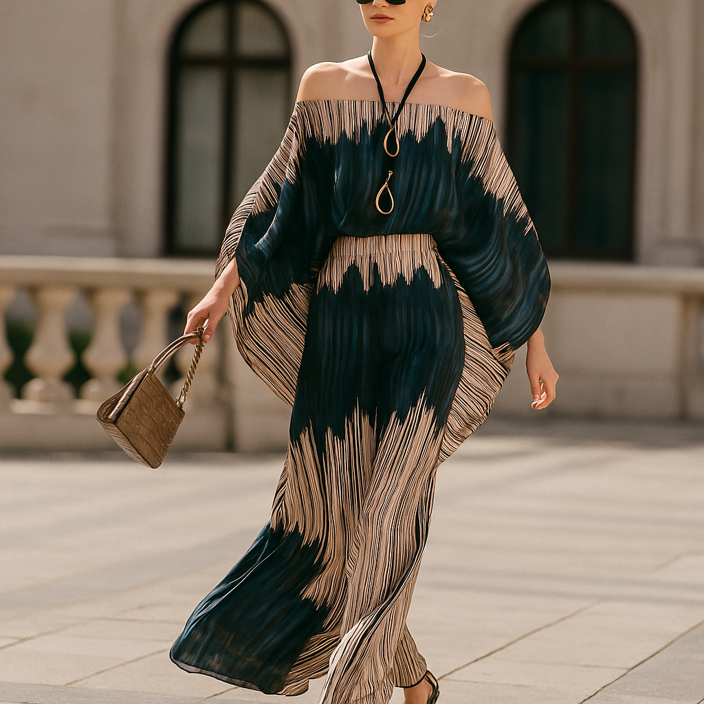 סט סאטן אלגנטי לנשים – טופ אסימטרי ומכנסיים רחבים