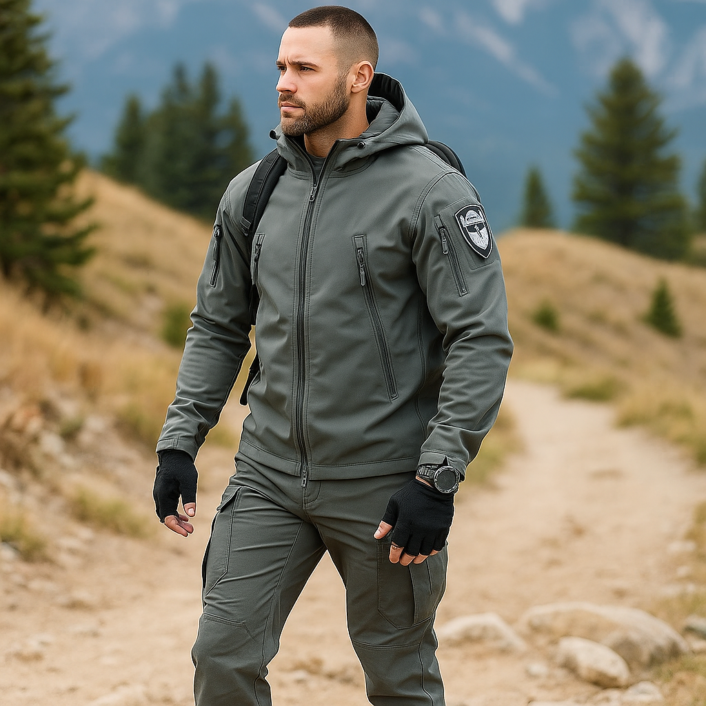 חליפת טקטית לגבר – ז'קט עמיד למים ומכנסיים עם כיסים רבים