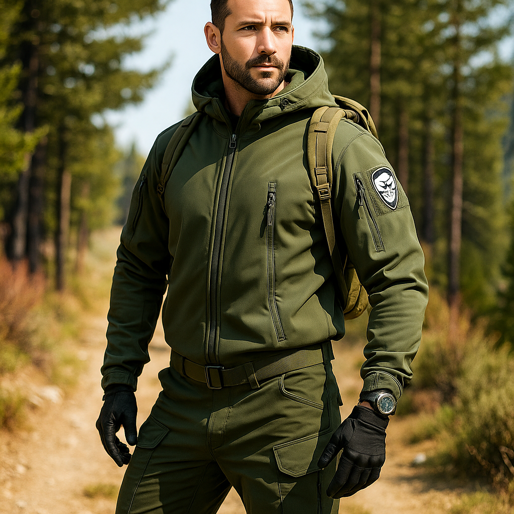 חליפת טקטית לגבר – ז'קט עמיד למים ומכנסיים עם כיסים רבים