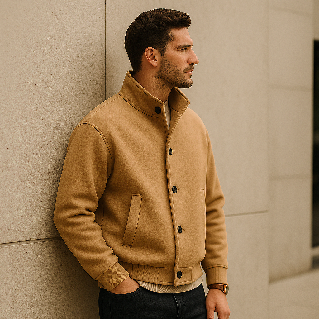 Pánská volná bunda - Měkká strukturovaná látka - Vysoký límec - Knoflíky