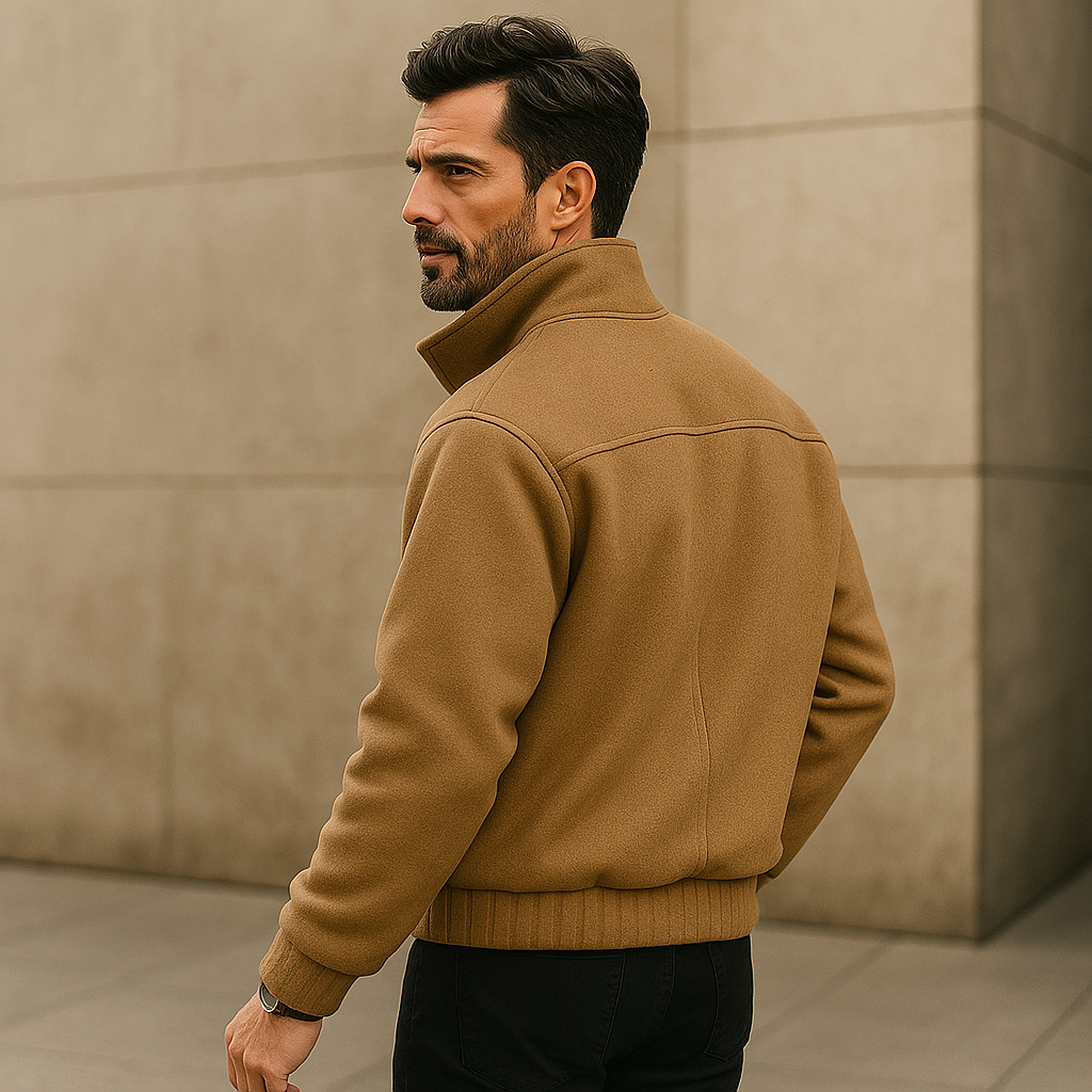 Pánská volná bunda - Měkká strukturovaná látka - Vysoký límec - Knoflíky