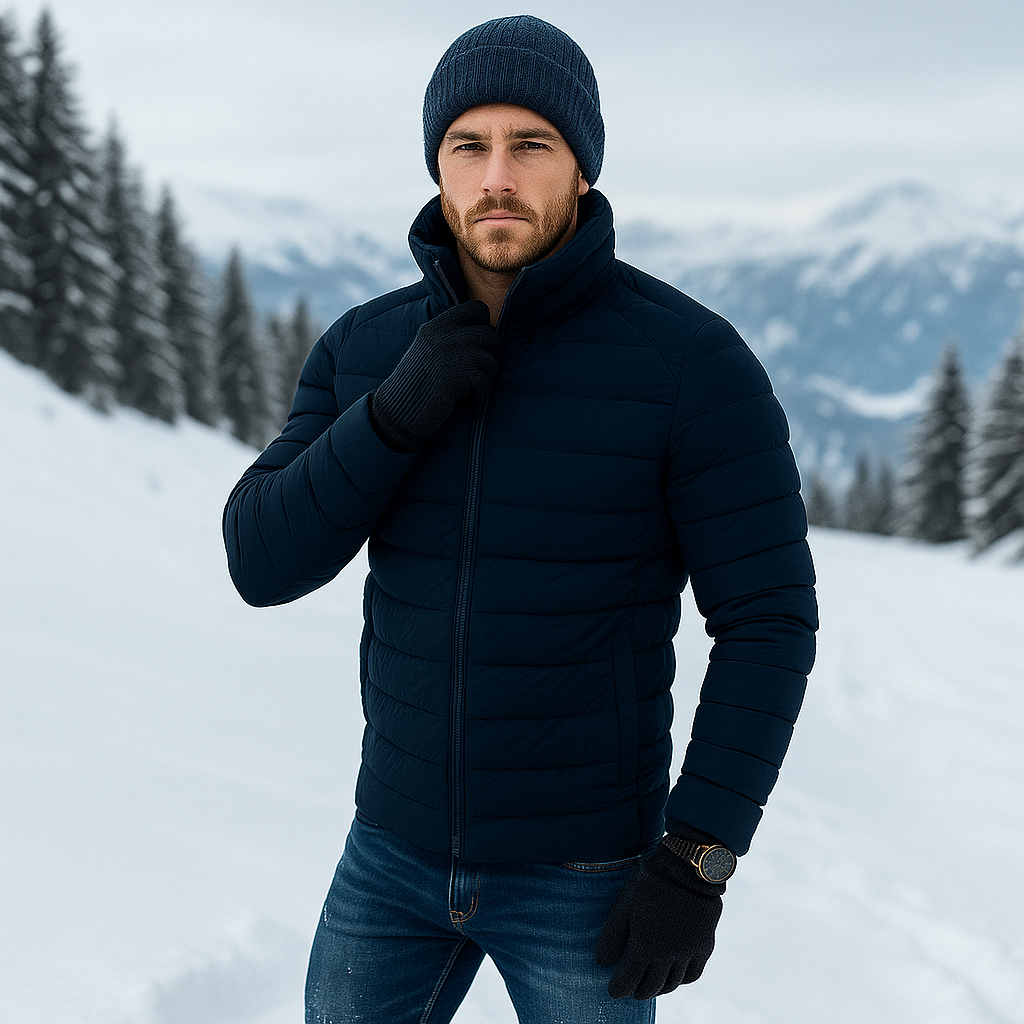 Pánská prošívaná bunda - Izolace s výplní - Vysoký límec - Přiléhavý střih