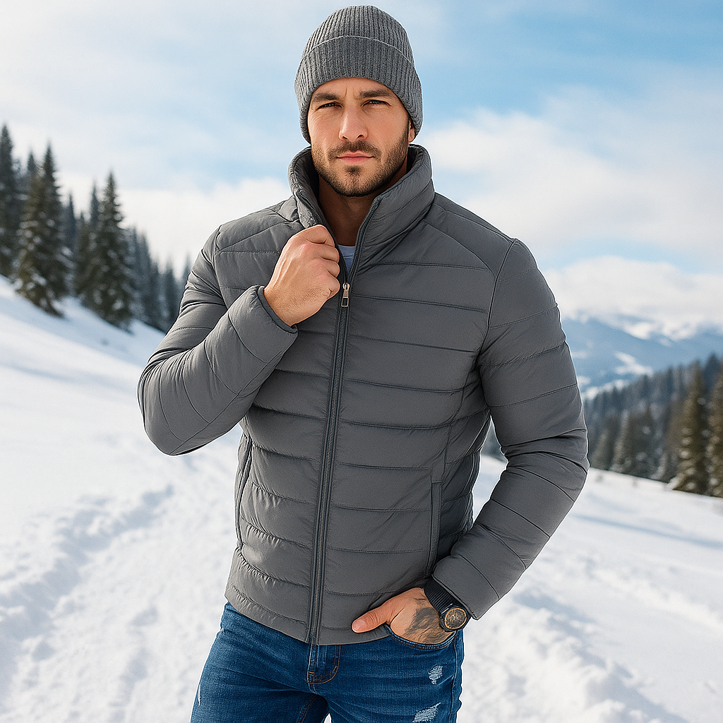 Pánská prošívaná bunda - Izolace s výplní - Vysoký límec - Přiléhavý střih