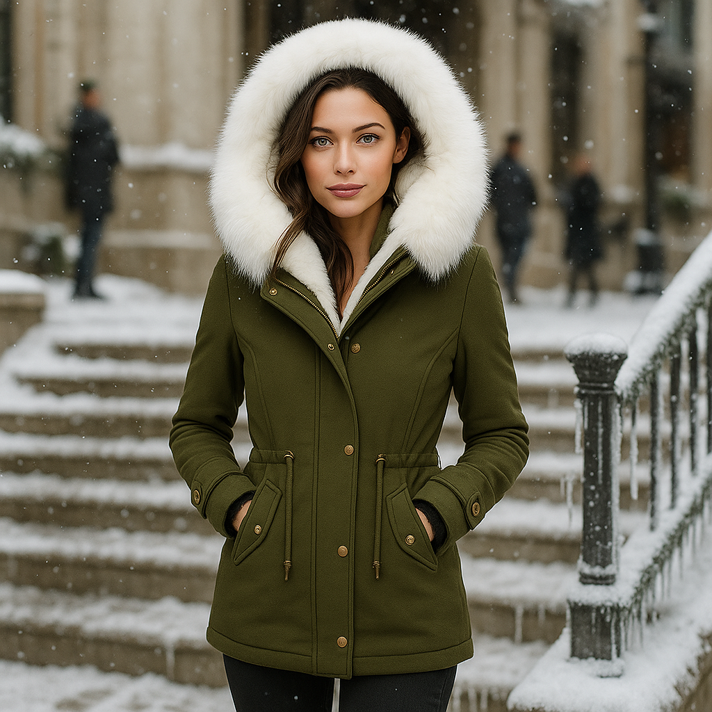 Zimní bunda Stilla Elegantní - Kapuce - Detail knoflíku - Teplá & Stylová