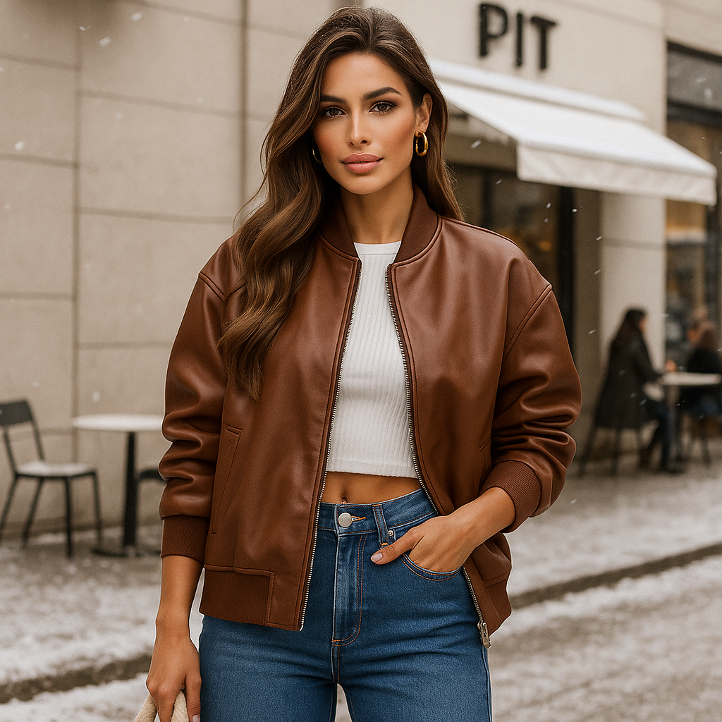 Oversize kožená bunda pro ženy - zipové zapínání