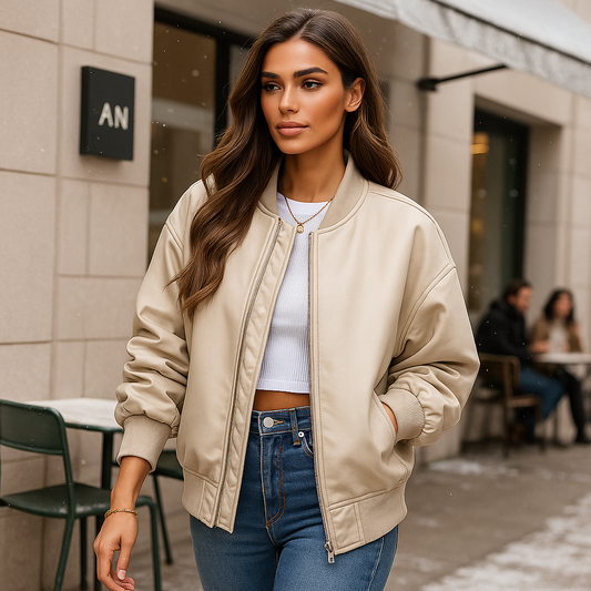 Oversize kožená bunda pro ženy - zipové zapínání