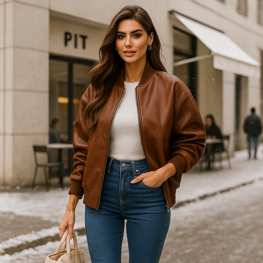 Oversize kožená bunda pro ženy - zipové zapínání