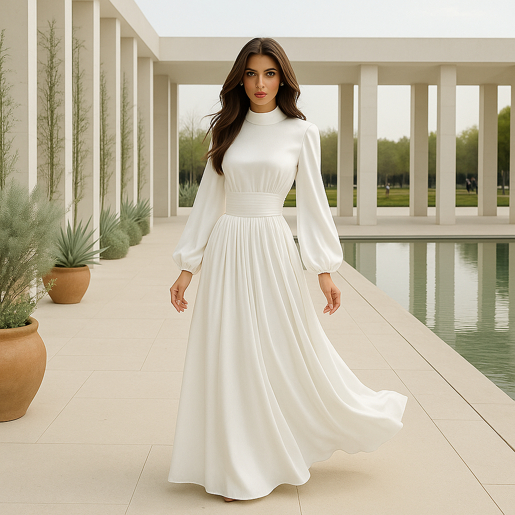 Robe de soirée maxi - décolleté haut - ceinture