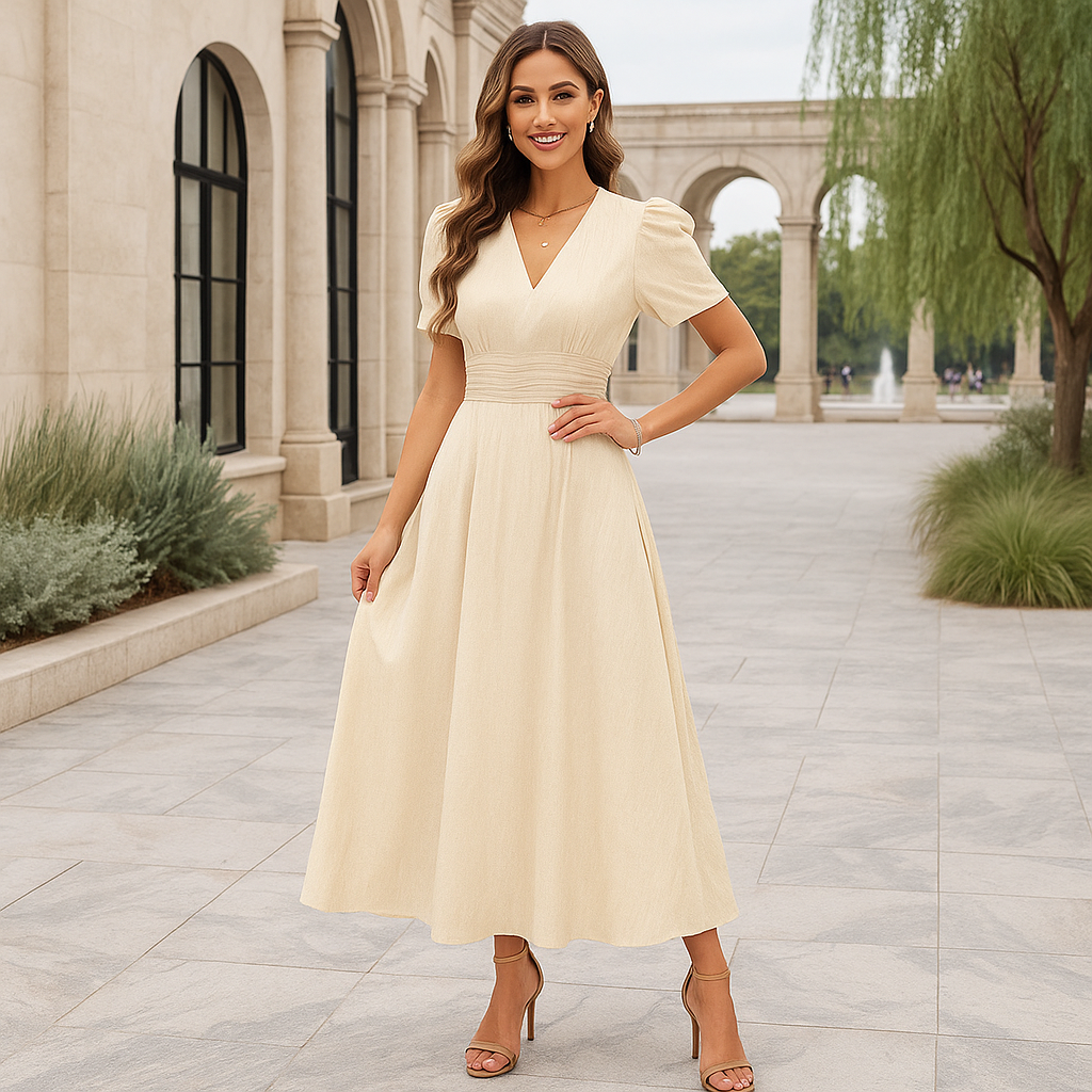 Robe de soirée maxi - décolleté en V - manches bouffantes