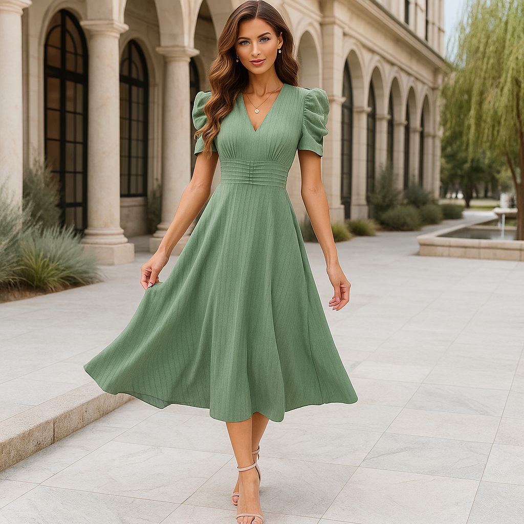 Robe de soirée maxi - décolleté en V - manches bouffantes