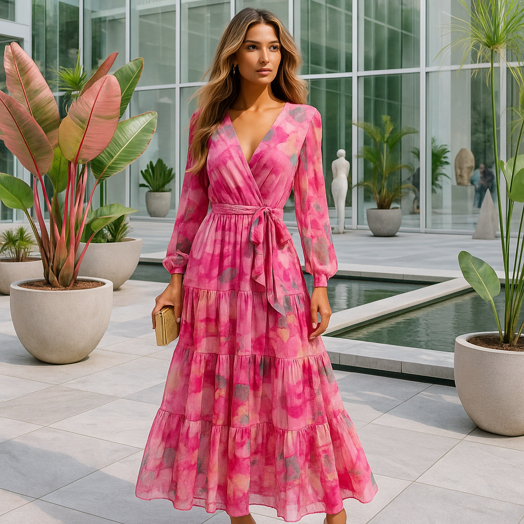 Robe de soirée longue motif floral - ceinture ajustable