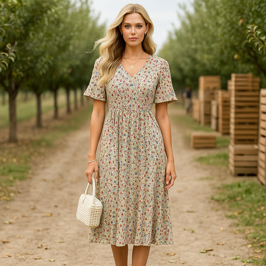 Emery - Robe de soirée midi élégante - motif floral - manches longues