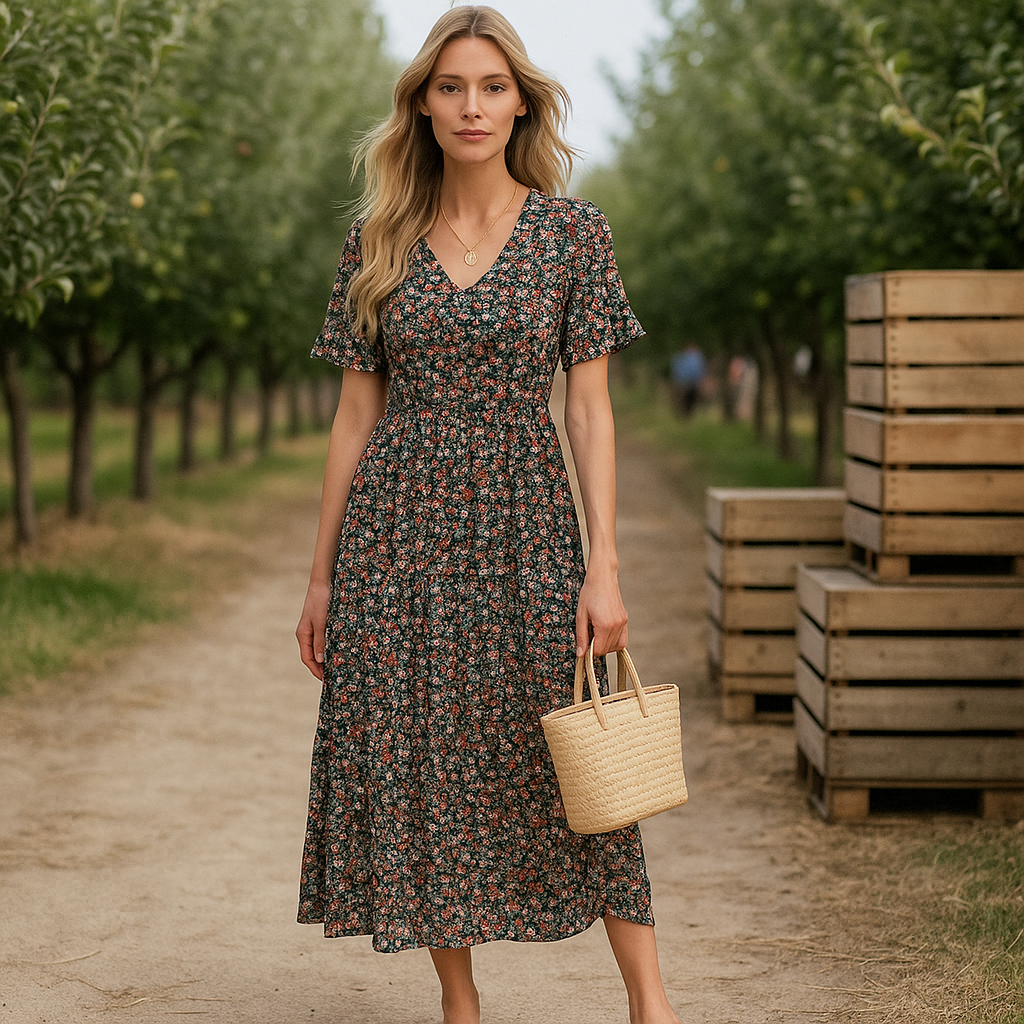 Emery - Robe de soirée midi élégante - motif floral - manches longues