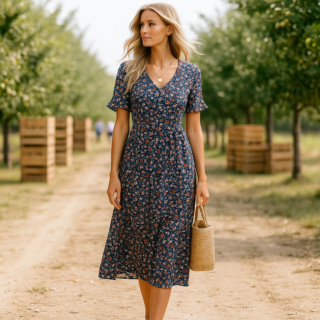 Emery - Robe de soirée midi élégante - motif floral - manches longues