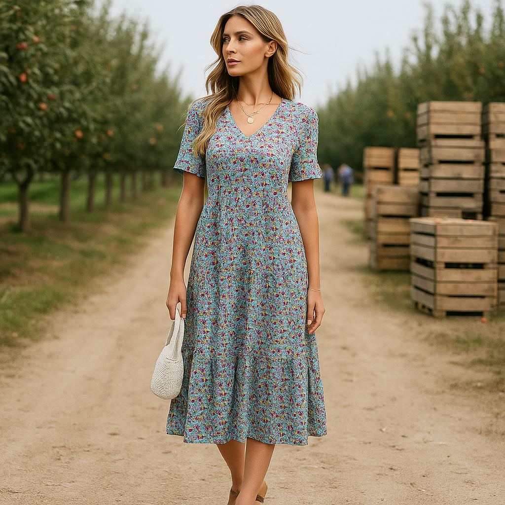 Emery - Robe de soirée midi élégante - motif floral - manches longues