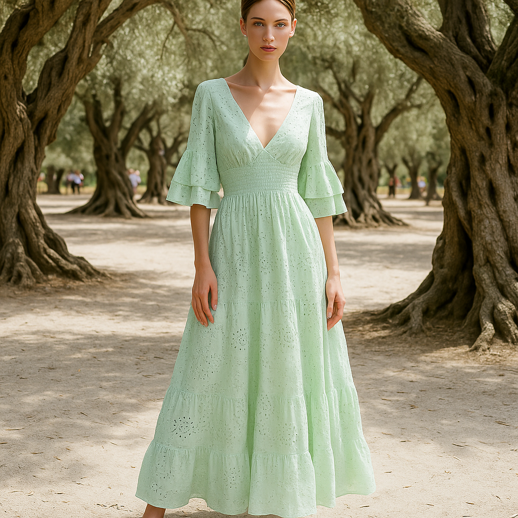 Robe de soirée maxi boho - broderie raffinée - manches volantes