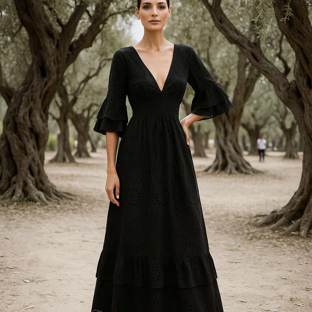 Robe de soirée maxi boho - broderie raffinée - manches volantes