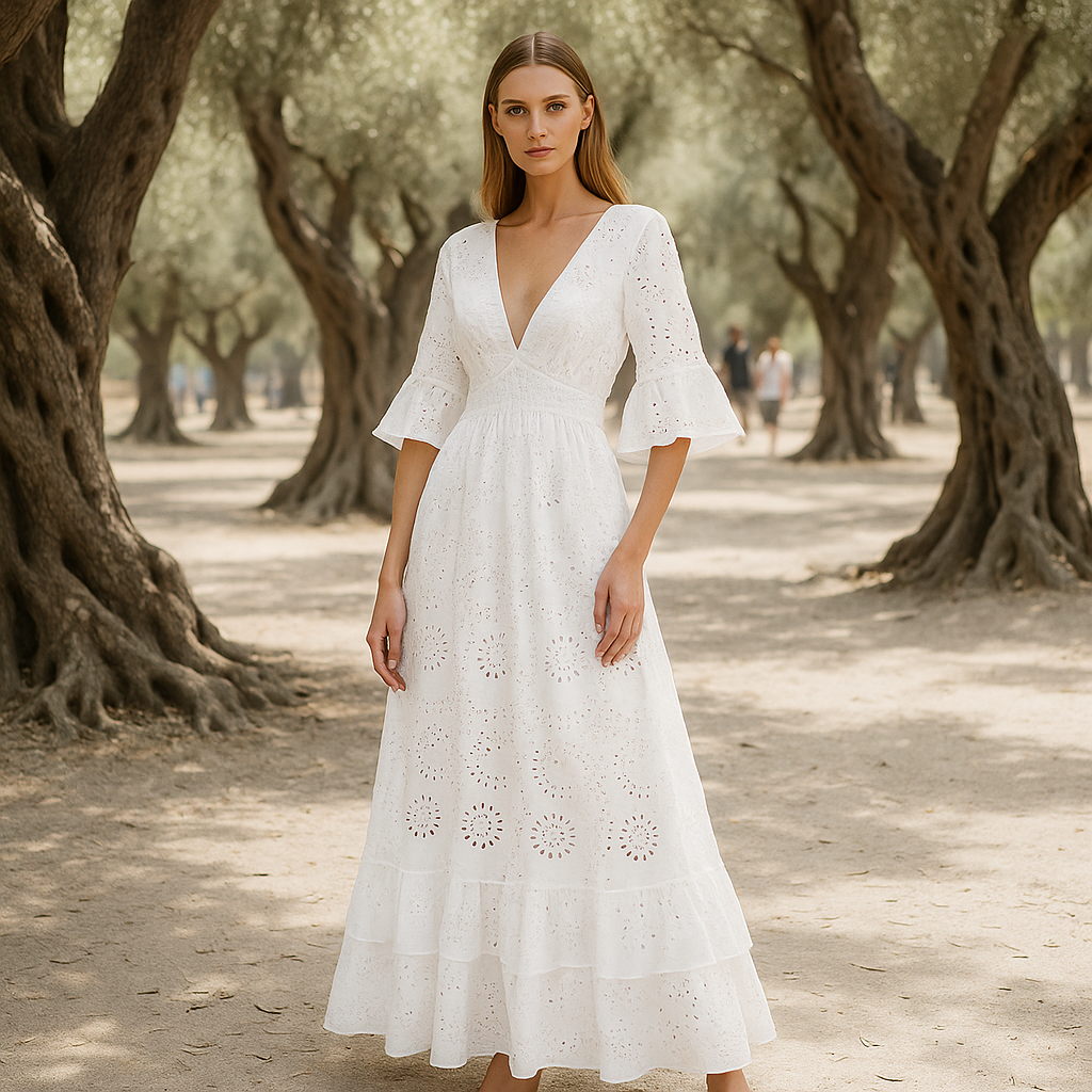 Robe de soirée maxi boho - broderie raffinée - manches volantes