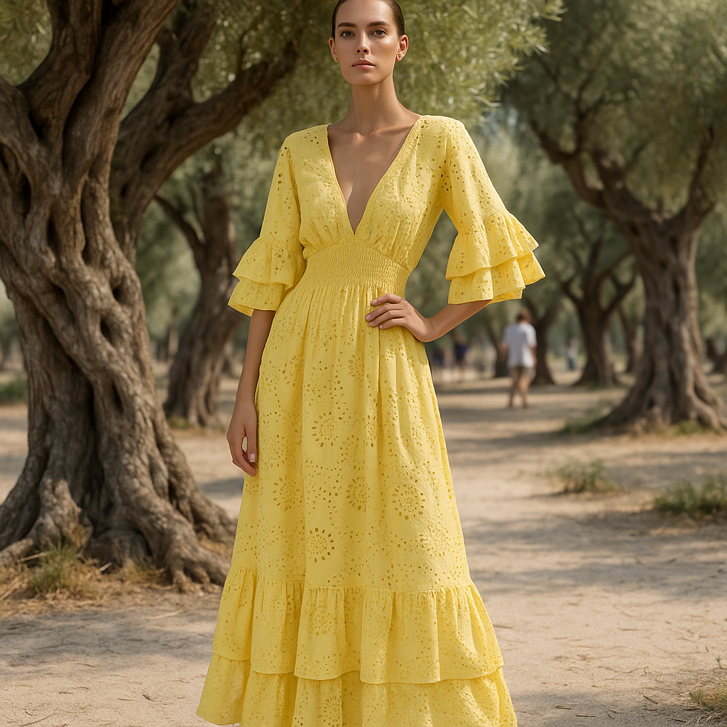 Robe de soirée maxi boho - broderie raffinée - manches volantes