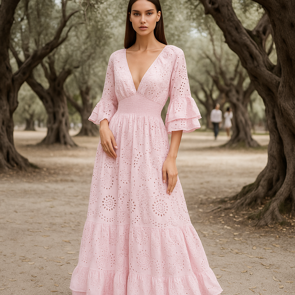 Robe de soirée maxi boho - broderie raffinée - manches volantes