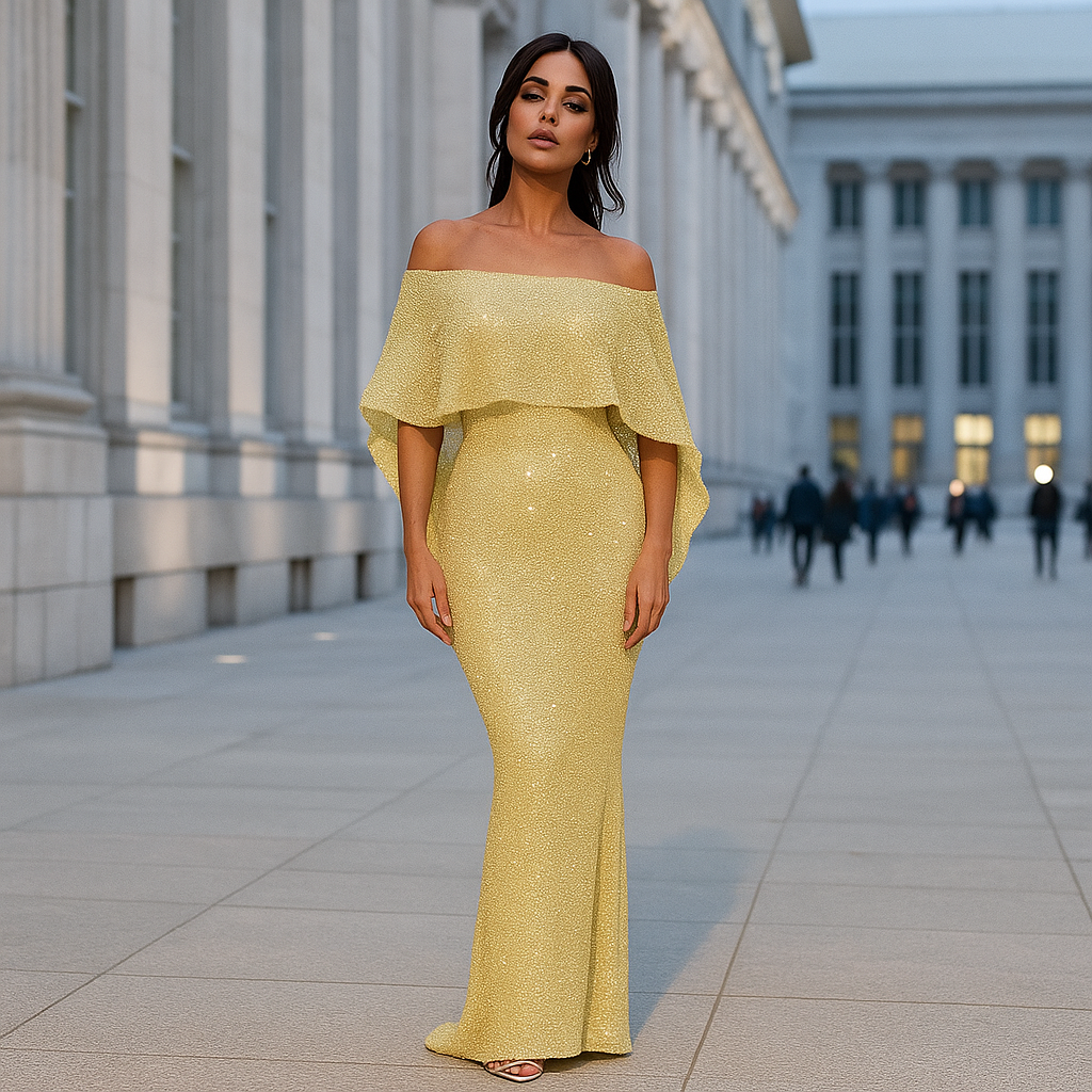 Verona - Robe de Soirée Maxi Élégante - Épaules Nues - Détails Brillants