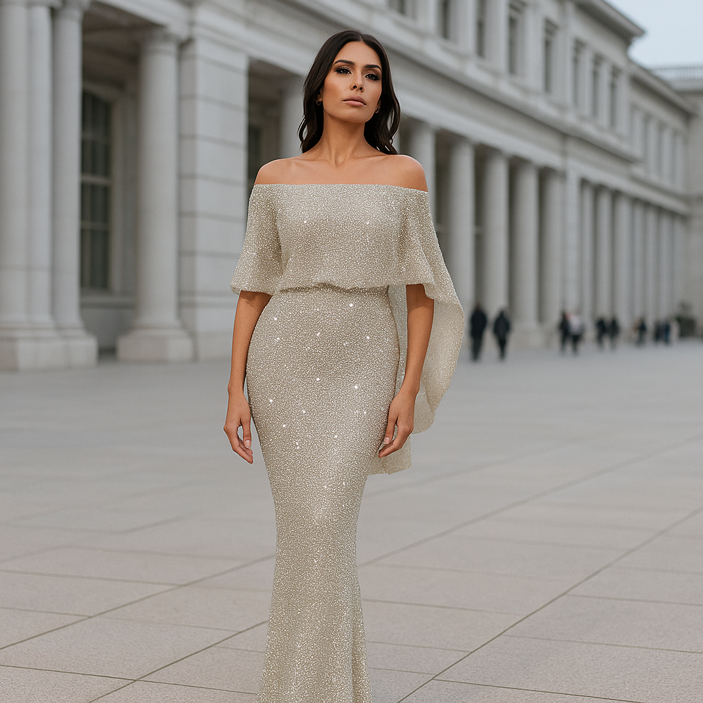 Verona - Robe de Soirée Maxi Élégante - Épaules Nues - Détails Brillants