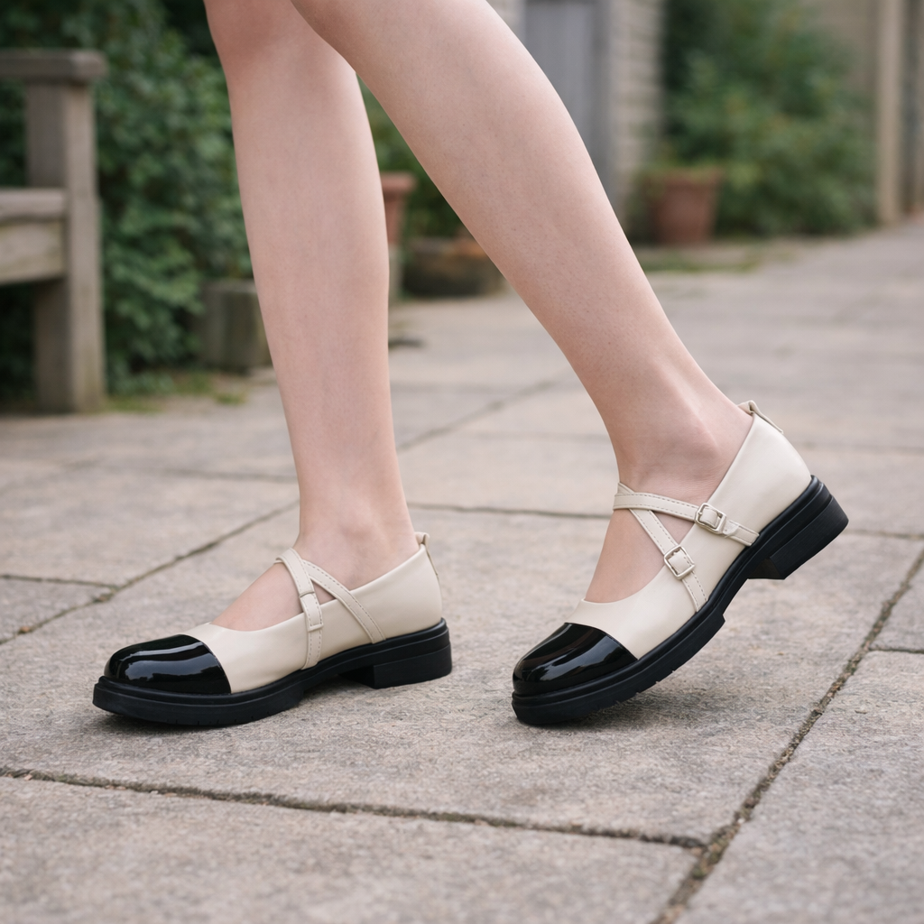 Chaussures Mary Jane pour Femmes | Ballerines Bicolores, Double Bride | Bout Verni