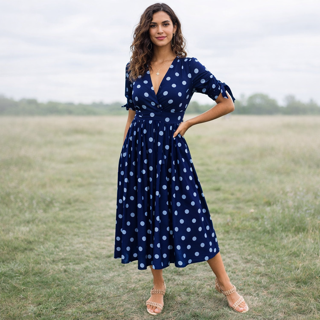 Robe à Pois | Femme, Encolure en V | Style Boutons