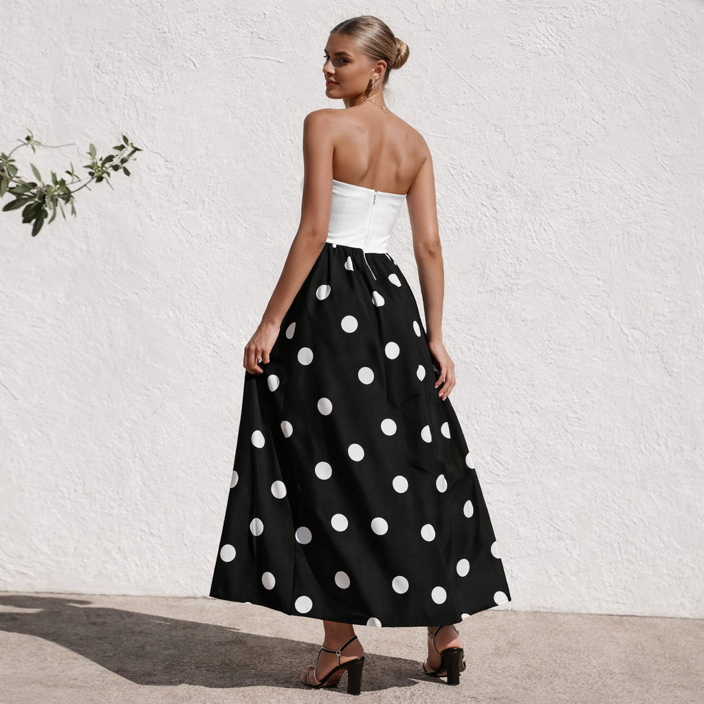 Robe sans bretelles | Robe trapèze pour femme, pois | Style élégant d'été