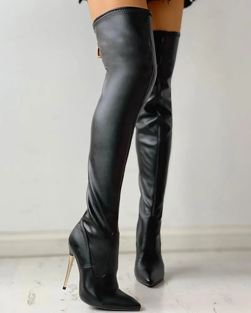 Bottes Overknee Talon Doré - Détail Fermeture Éclair-Chaussures-PARIS FEMME