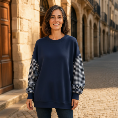 Mira | Femme Haut Col Rond Patchwork Carreaux Loose