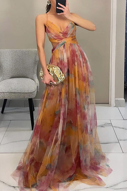 Robe de soirée maxi motif floral dos nu cintrée – Flora