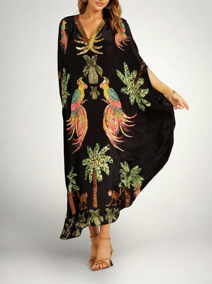 Robe femme imprimé palmiers épaules tombantes coupe ample