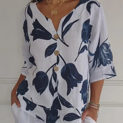 Chemisier en lin floral manches courtes femme