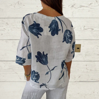 Chemisier en lin floral manches courtes femme