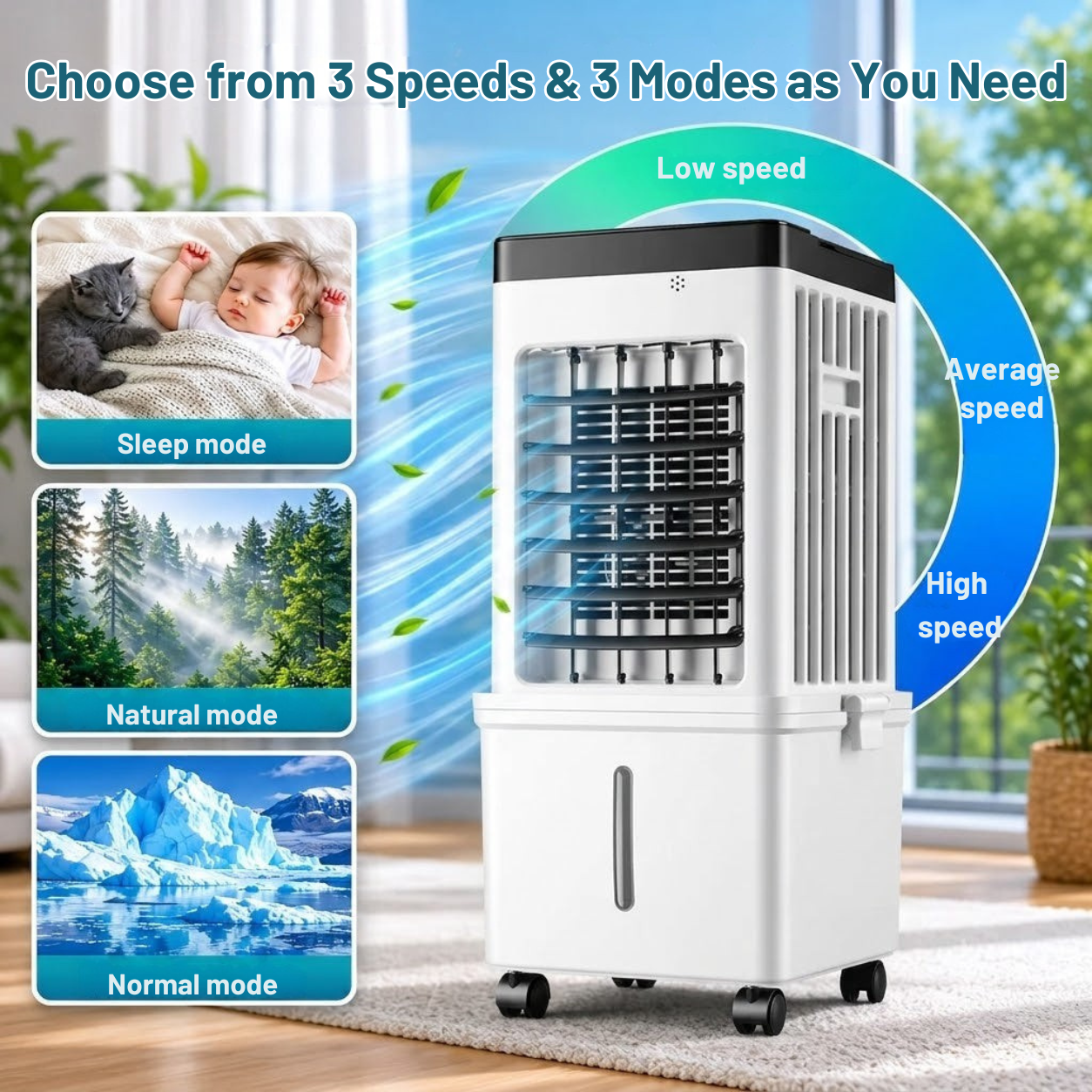 Climatiseur portable | Refroidisseur par évaporation, 3 vitesses | Télécommande, minuteur 12 h