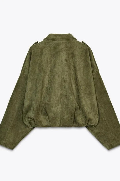 Veste bomber femme suédine col revers manches chauve-souris