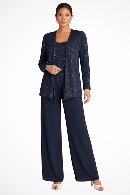 Femme Ensemble 3 Pièces Dentelle Paillettes Veste Pantalon