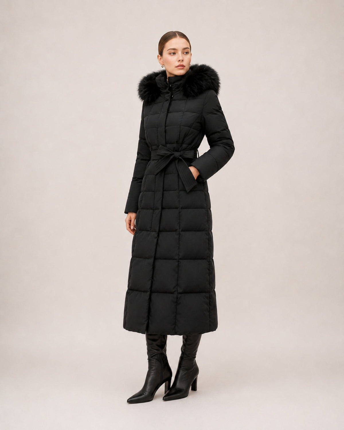 Doudoune longue femme capuche fourrure avec ceinture matelassée mi-mollet