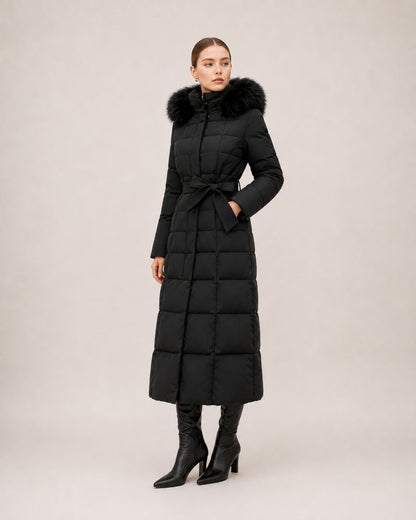 Doudoune longue femme capuche fourrure avec ceinture matelassée mi-mollet