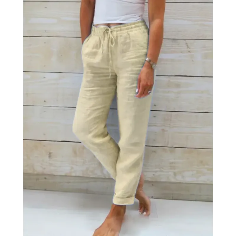 Pantalon d'été pour femme | Aspect lin, taille élastiquée | Pantalon de détente confortable