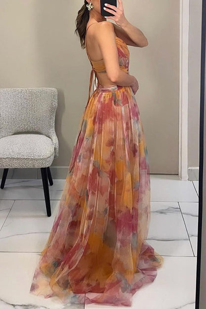 Robe de soirée maxi motif floral dos nu cintrée – Flora