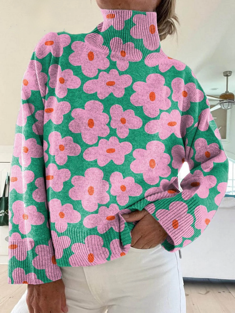 Sweater femme col roulé motif floral rétro coupe décontractée