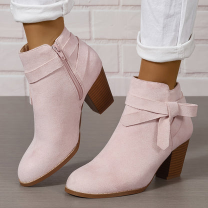Bottines femme talon bloc bout pointu avec nœud décoratif et zip latéral