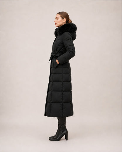 Doudoune longue femme capuche fourrure avec ceinture matelassée mi-mollet