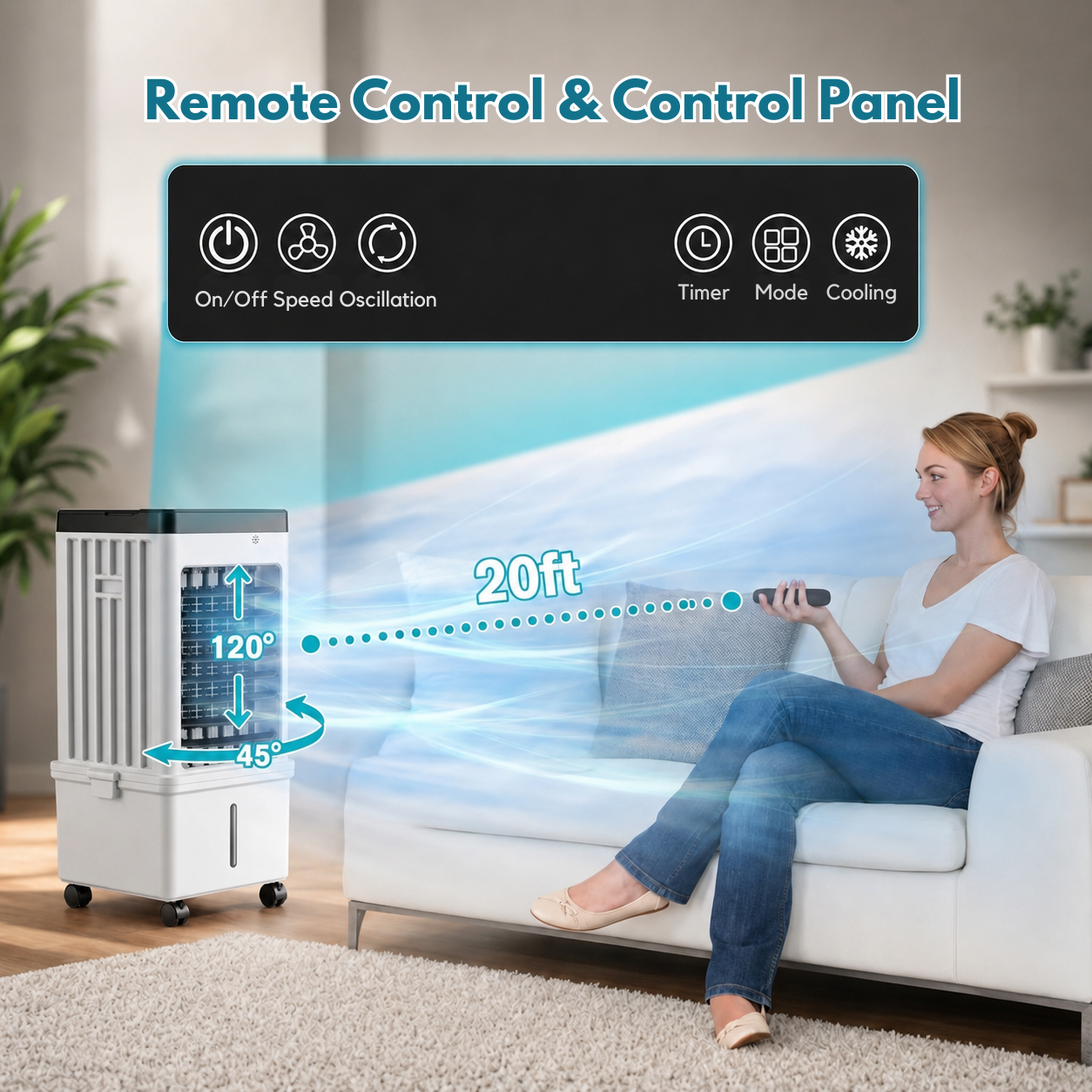 Climatiseur portable | Refroidisseur par évaporation, 3 vitesses | Télécommande, minuteur 12 h